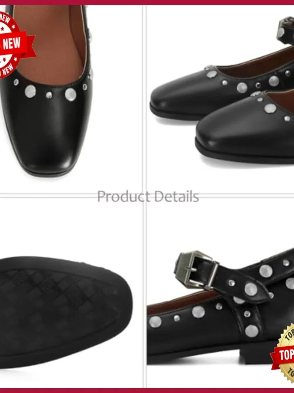 Studded Mary Jane Ballet Flats with Buckle Strap, Square Toe, Faux Leather